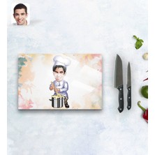 Kişiye Özel Erkek Aşçı Karikatürlü Cam Kesme ve Sunum Tablası 20X30CM Model 1