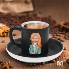 Bk Gift Kişiye Özel Kadın Karikatürlü Siyah Renk Türk Kahvesi FINCANI-102, Arkadaşa Hediye, Aileye Hediye, Yıl Dönümü Hediyesi