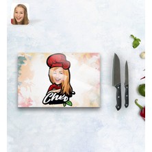 Kişiye Özel Kadın Chef Karikatürlü Cam Kesme ve Sunum Tablası 20X30CM Model 10