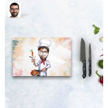 Kişiye Özel Erkek Chef Karikatürlü Cam Kesme ve Sunum Tablası 20X30CM Model 1