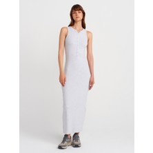 91467 Düğme Detaylı Maxi Boy Elbise-Gri Melanj