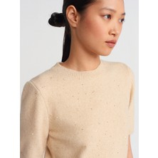 10703 Bisiklet Yaka Pullu Simli Triko Kazak-Bej