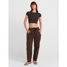 72003 Önü Parçalı Pamuklu Denim Pantolon-Kahve