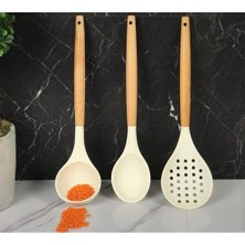 3'lü Bambu Saplı Silikon Mutfak Seti Kaşık Kepçe Kevgir Krem