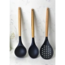 3'lü Bambu Saplı Silikon Mutfak Seti Kaşık Kepçe Kevgir Siyah