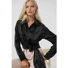 Kadın Siyah Bağlama Detaylı Saten Yüzeyli Gömlek HZL25S-BD1202871