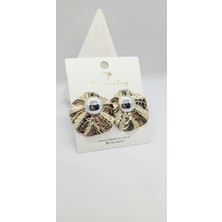 Gold Yaprak Desen Silver Düğme Figürlü Küpe