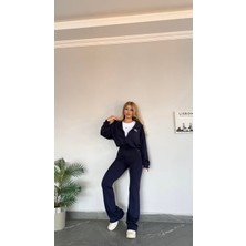 Kadın Yeni Sezon Sweat Yarım Fermuarlı Esnek Likralı Ispanyol Paça 3 Lü Takım