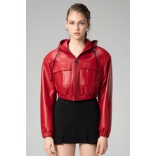 Barbara Kadın Kapüşonlu Hakiki Deri Crop Mont