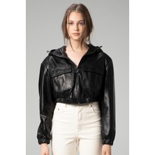 Barbara Kadın Kapüşonlu Hakiki Deri Crop Mont
