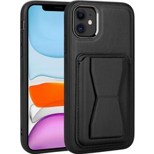 Apple iPhone 12 Kılıf Kartlıklı Standlı ​pu Deri Tkdr Memo Kapak-Siyah