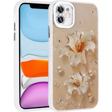 Apple iPhone 11 Kılıf Çiçek Desenli Parlak Taşlı Sert Silikon Hgea Garden Kapak-Pembe Açık