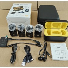 SX13 4 Mikrofonlu Iphone ve Type-C Uyumlu Kablosuz Yaka Mikrofonu Şarj Göstergeli Gürültü Azaltma 100 Metre