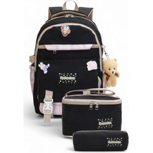 Relaxion 2144-1396 Kore Tarzı Unisex Çocuk Üçlü Set Ilkokul Sırt Çantası - NKT02144-SIYAH-PEMBE-TEKEBAT