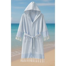 Kapşonlu Unisex Peştemal Plaj Bornozu %100 Pamuklu Seaside Stripe
