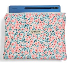 Şirin Pembe Çiçekler Desenli Tablet Çantası, 10-12 Inç Uyumlu Pofuduk iPad Çantası