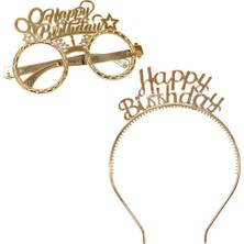 Parti Adresi Happy Birthday Taç Gözlük Set Doğum Günü Parti Aksesuarı Gold  