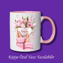 Kişiye Özel Çiçekli Bonjour Tasarımlı Isim Yazılabilir Kupa Bardak
