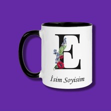 Kişiye Özel E Harfli Çiçek Tasarımlı Isme Özel Siyah Kupa Bardak