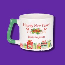 Kişiye Özel Yılbaşı Tasarımlı Yeşil Kulplu Hediyelik Kupa Bardak