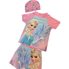 Kız Çocuk Pembe Renk Karlar Ülkesi Desenli T-Shirt Şort ve Boneli Mayo Seti