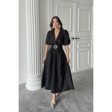 Aisha Elbise Siyah Işıltılı Kemerli Kruvaze Elbise