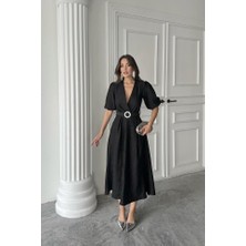 Nidam Butik Siyah Işıltılı Kemerli Kruvaze Elbise