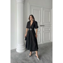 Nidam Butik Siyah Işıltılı Kemerli Kruvaze Elbise