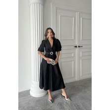 Nidam Butik Siyah Işıltılı Kemerli Kruvaze Elbise