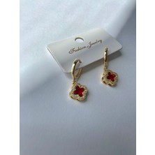 Bordo Renkli Yonca Zirkon Taşlı Küpe