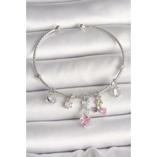 Pirinç Gümüş Renk Sallantı Zirkon Taşlı Kalp Figür Charm Kadın Bileklik