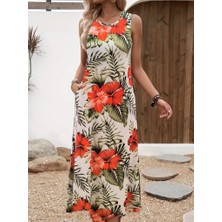 Nidam Butik Kadın Askılı Yuvarlak Yaka Cepli Desenli Süprem Elbise