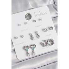 Pirinç Gümüş Renk Zirkon Taşlı Sallantılı Kalp Model Çiçek Detay 7 Çift Kadın Küpe Seti