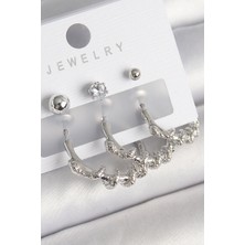 Pirinç Gümüş Renk Sarmal Yılan Halka Model Zirkon Taşlı Topçuk Detay Kadın Küpe Seti