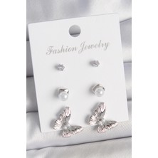 Pirinç Gümüş Renk Zirkon Taşlı Inci Detaylı Kelebek Model 3 Çift Kadın Küpe Seti