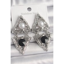 Pirinç Gümüş Renk Sallantı Üçgen Model Inci Detay Kadın Küpe