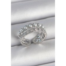 Pirinç Gümüş Renk 2'li Sıra Zirkon Taşlı ve Incili Ayarlanabilir Kadın Yüzük