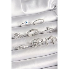 Pirinç Gümüş Renk Nazar Boncuk Detay Incili Kelebek Işlemeli Kadın Yüzük Seti