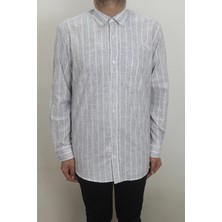 Cliente Fistan Store Erkek Çizgili Rahat Kalıp Tek Cepli Uzun Kollu Yazlık Keten Gömlek