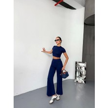 Aemido Osy Modal Yumuşak Dokulu Kumaş Kısa Kollu Crop Alt Ispanyol Paça Pantalon Ikili Takım - Lacivert