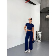 Aemido Osy Modal Yumuşak Dokulu Kumaş Kısa Kollu Crop Alt Ispanyol Paça Pantalon Ikili Takım - Lacivert