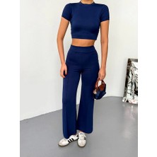 Aemido Osy Modal Yumuşak Dokulu Kumaş Kısa Kollu Crop Alt Ispanyol Paça Pantalon Ikili Takım - Lacivert
