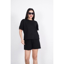 AKN Butik Osy Modal Yumuşak Dokulu Kumaş Bisiklet Yaka T-Shirt Kısa Şort Ikili Takım - Siyah