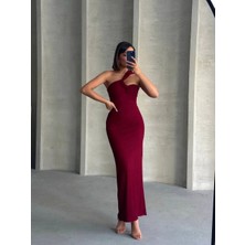Krinkıl Tek Omuz Uzun Elbise Bordo S25455