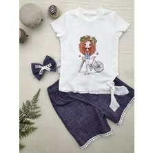 1-2-3 Yaş Bisikletli Kız Baskılı Bandanalı Kot Desenli Şort Kısa Kollu Tişört 3lü Kız Bebek Takımı