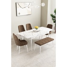 Clara Beyaz Mermer Desen 80X132 Açılabilir Yemek Odası Takımı 4 Sandalye, 1 Bench