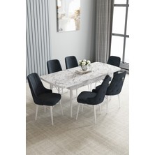 Jusie Beyaz Mermer Desen 80X132 Açılabilir Mutfak Masası Takımı 6 Adet Sandalye