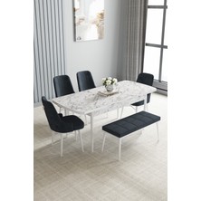 Jusie Beyaz Mermer Desen 80X132 Açılabilir Yemek Odası Takımı 4 Sandalye, 1 Bench