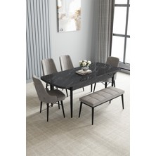 Jusie Siyah Mermer Desen 80X132 Açılabilir Yemek Odası Takımı 4 Sandalye, 1 Bench