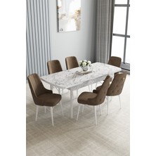 Jusie Beyaz Mermer Desen 80X132 Açılabilir Yemek Odası Takımı 6 Adet Sandalye